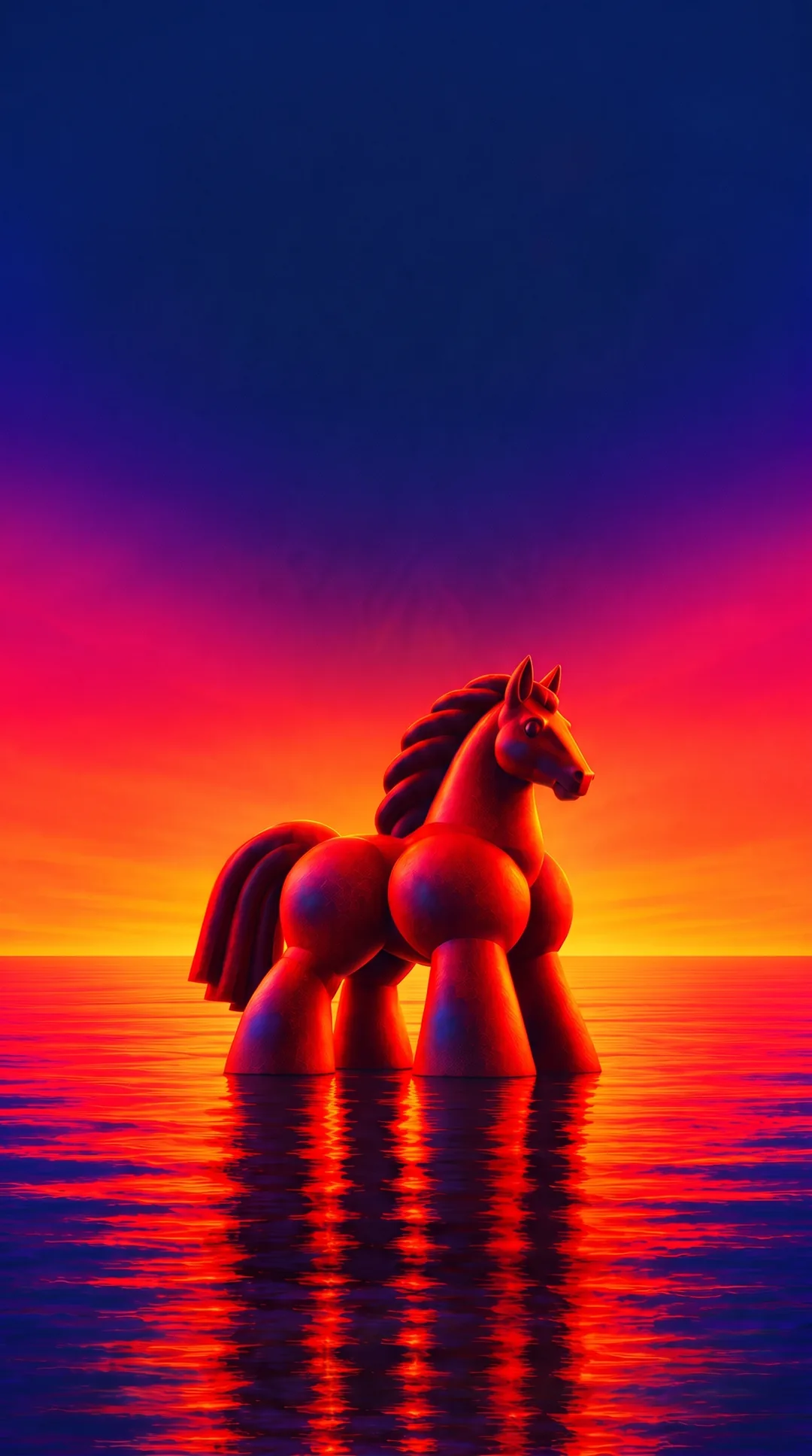 Una escultura monumental de un caballo rojo de cerámica, de pie en el mar al atardecer.